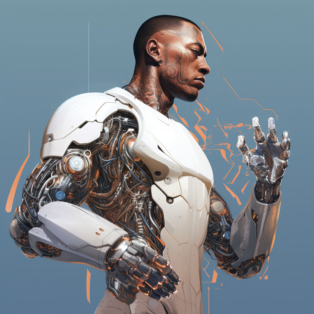 Cyborg working on own arm standing