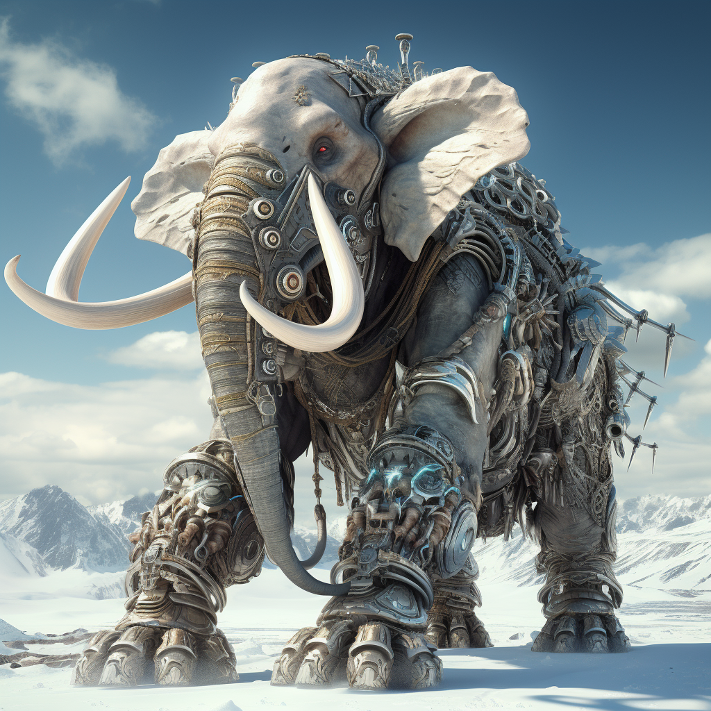 Futuristic cyborg mammoth walking in a field