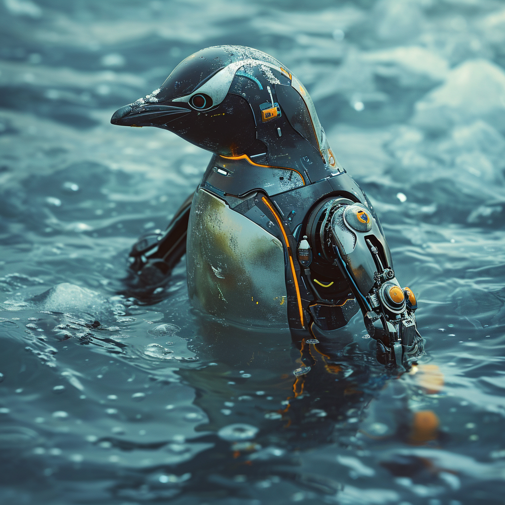 Half Robotic Cyborg Penguin Swimming in Glaciers