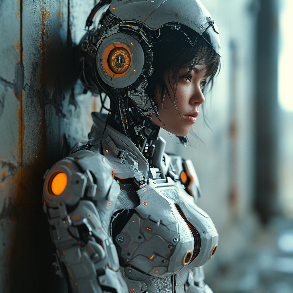 Cyborg woman with mechanical components replaced on wall