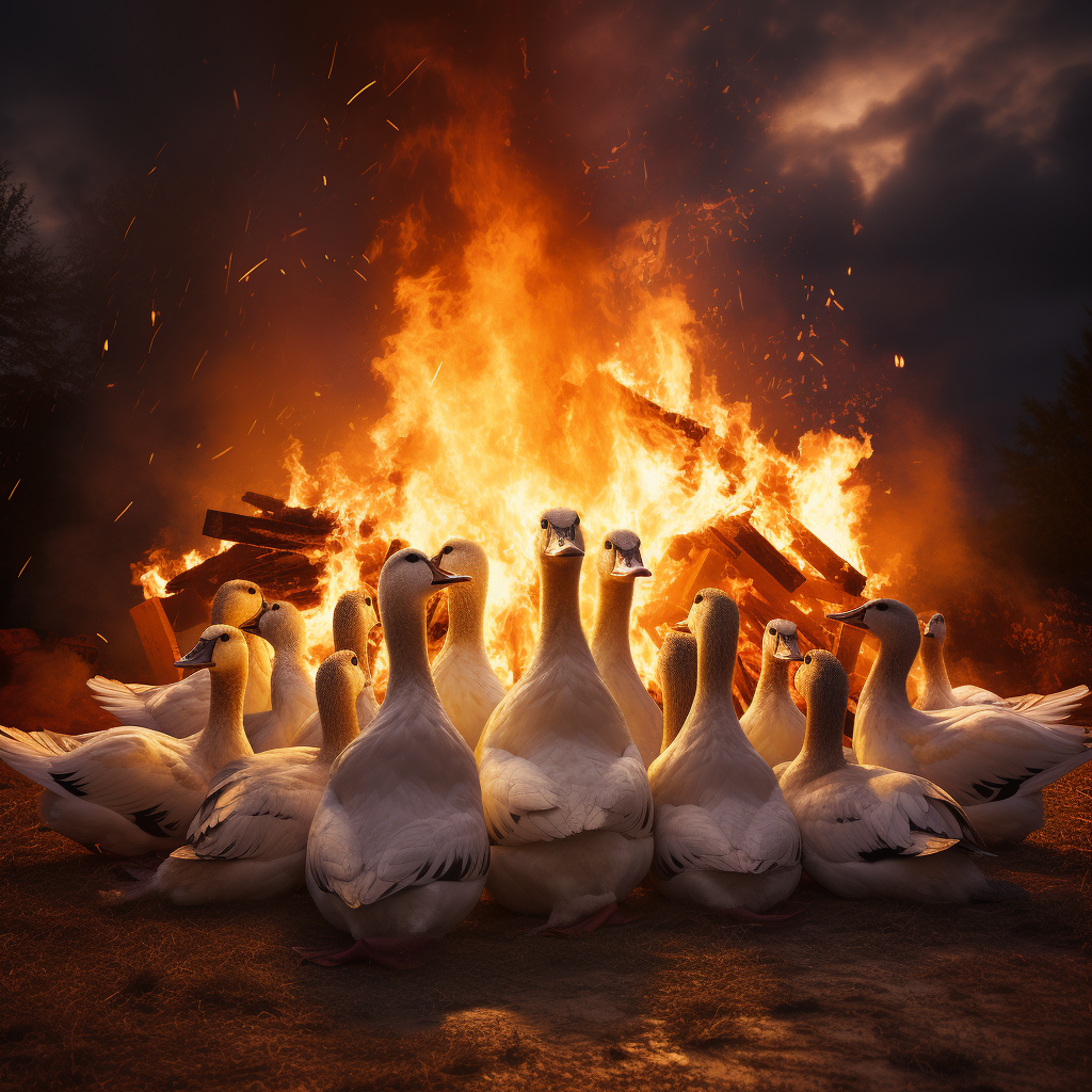 Geese circling bonfire in nature