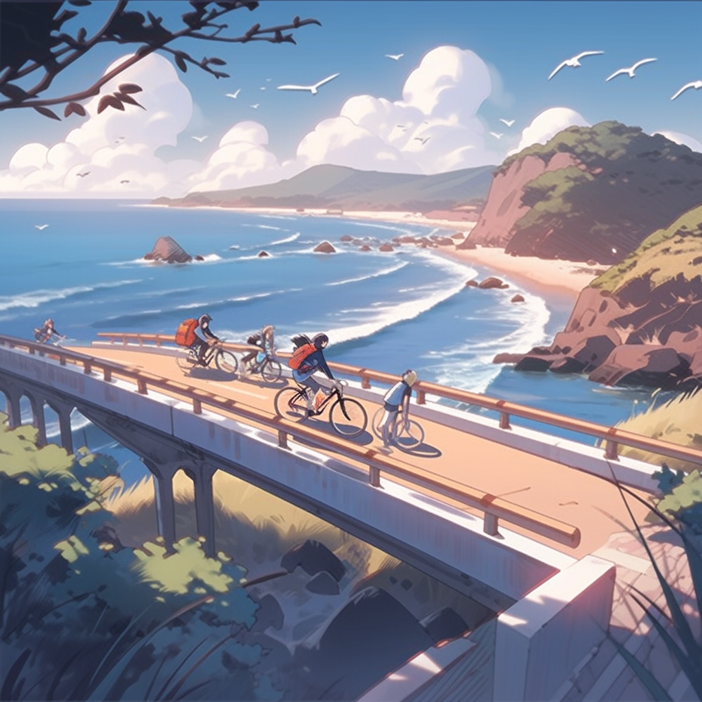 People biking on cycling path bridge above ocean