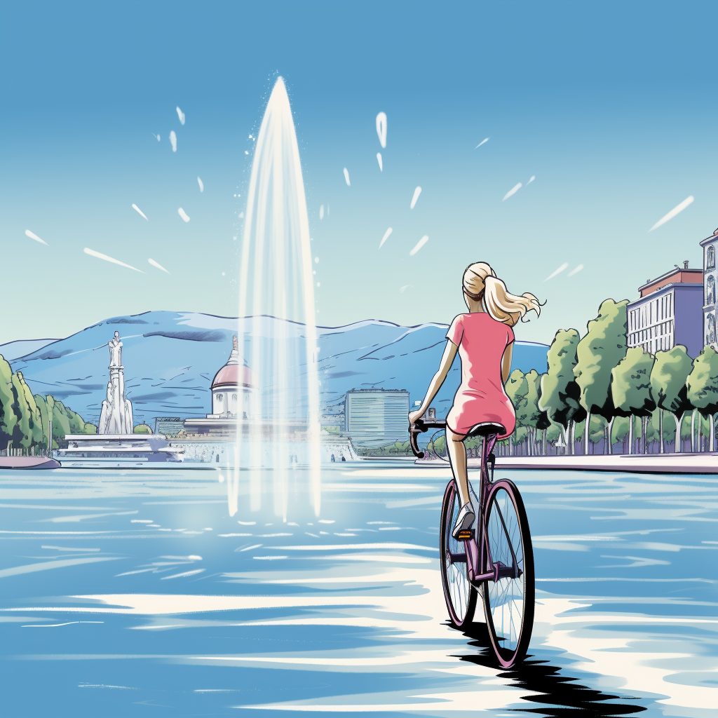 Cartoon-style lady cycling in Geneva, Switzerland