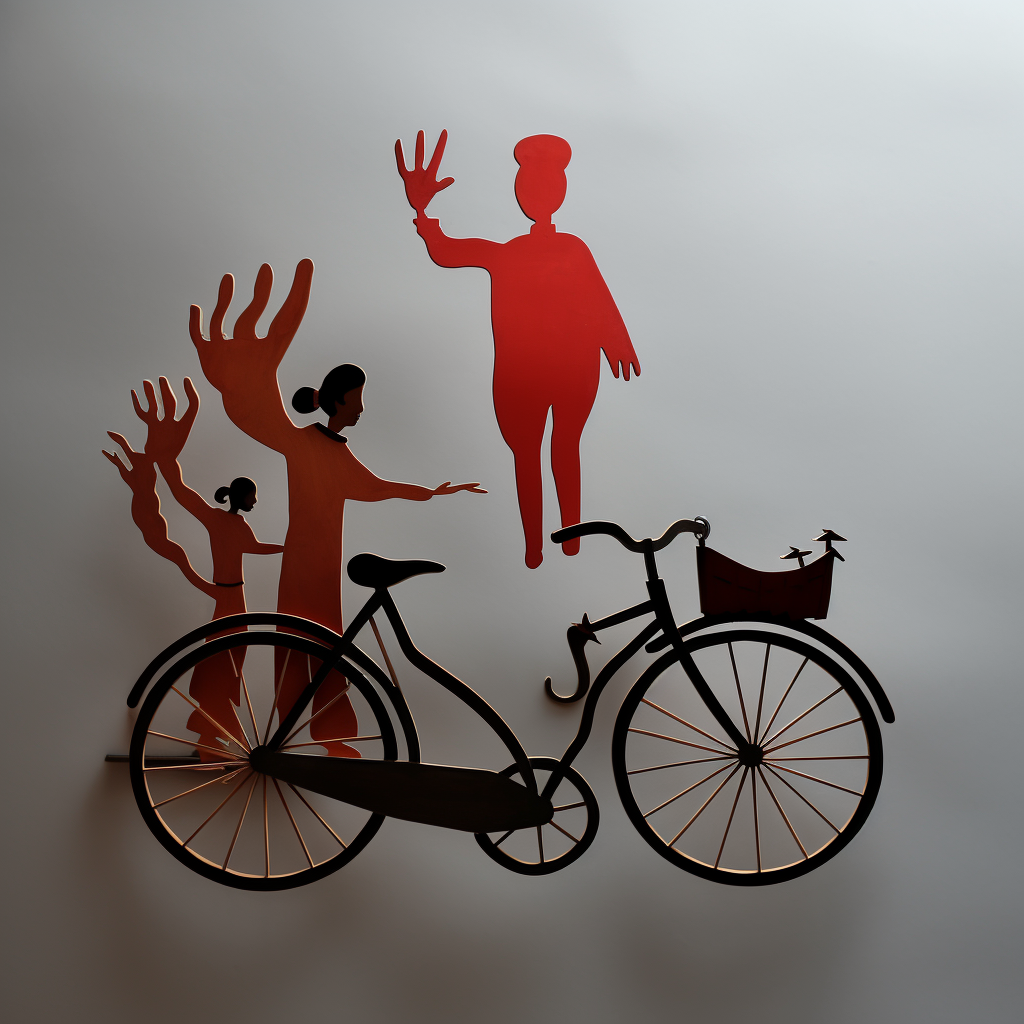 Cyclist sign in Chinese shadow puppets