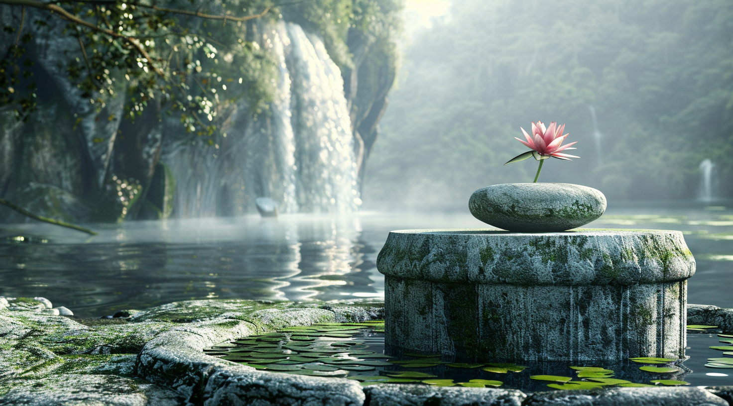 Cylinder Stone Lotus Waterfall Scene