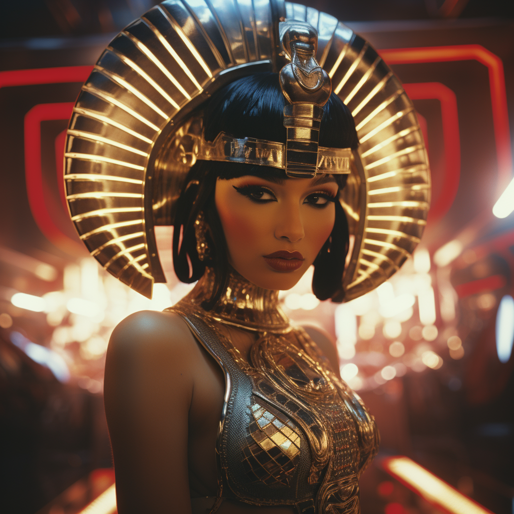 Cleopatra exuding power in a cyberpunk world