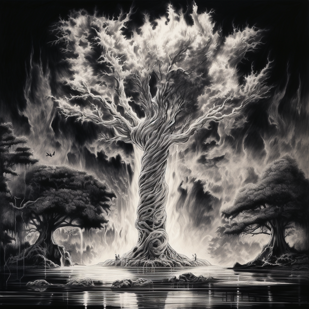 Artistic depiction of tall cypress tree with fire and water