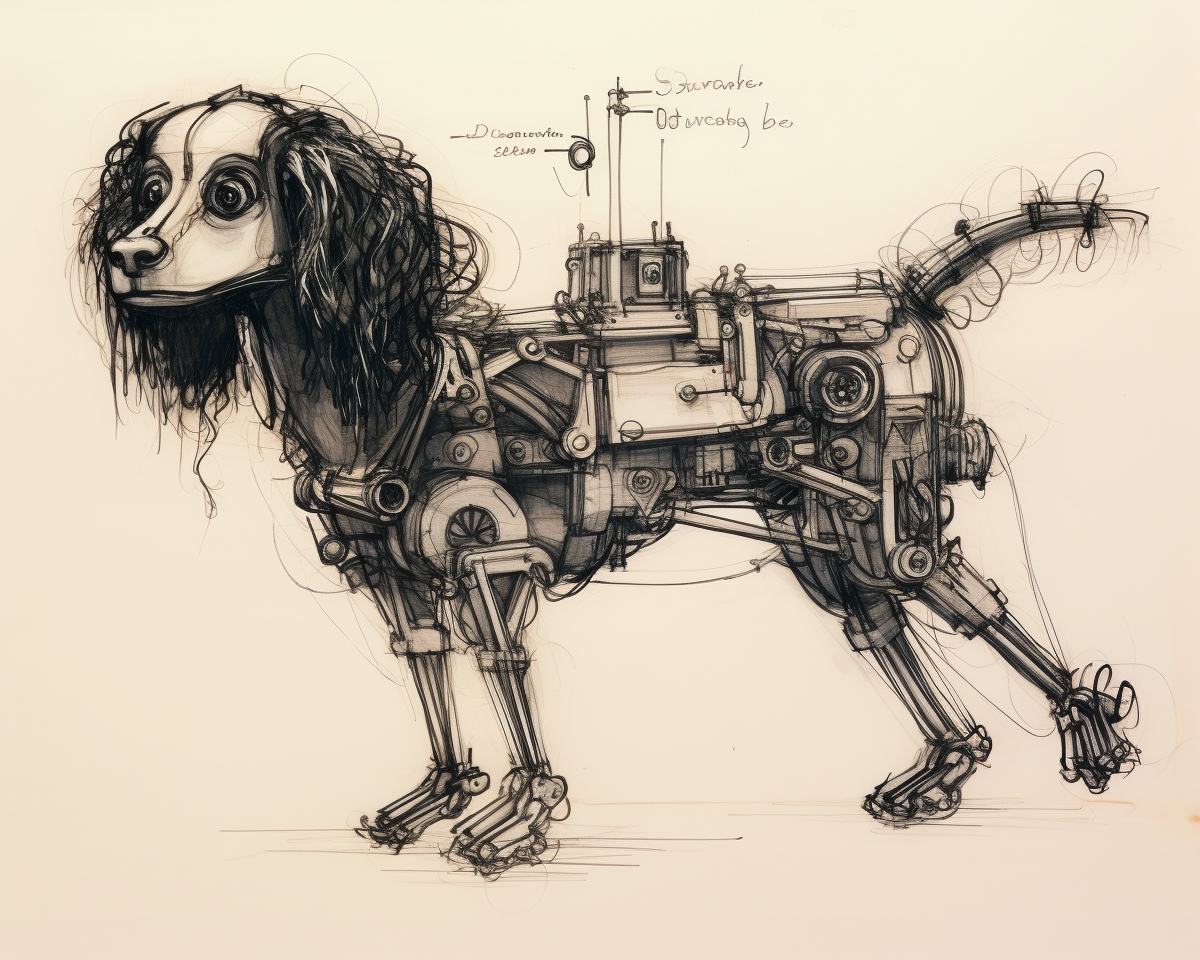 Futuristic mechanical Spaniel sketch by da Vinci