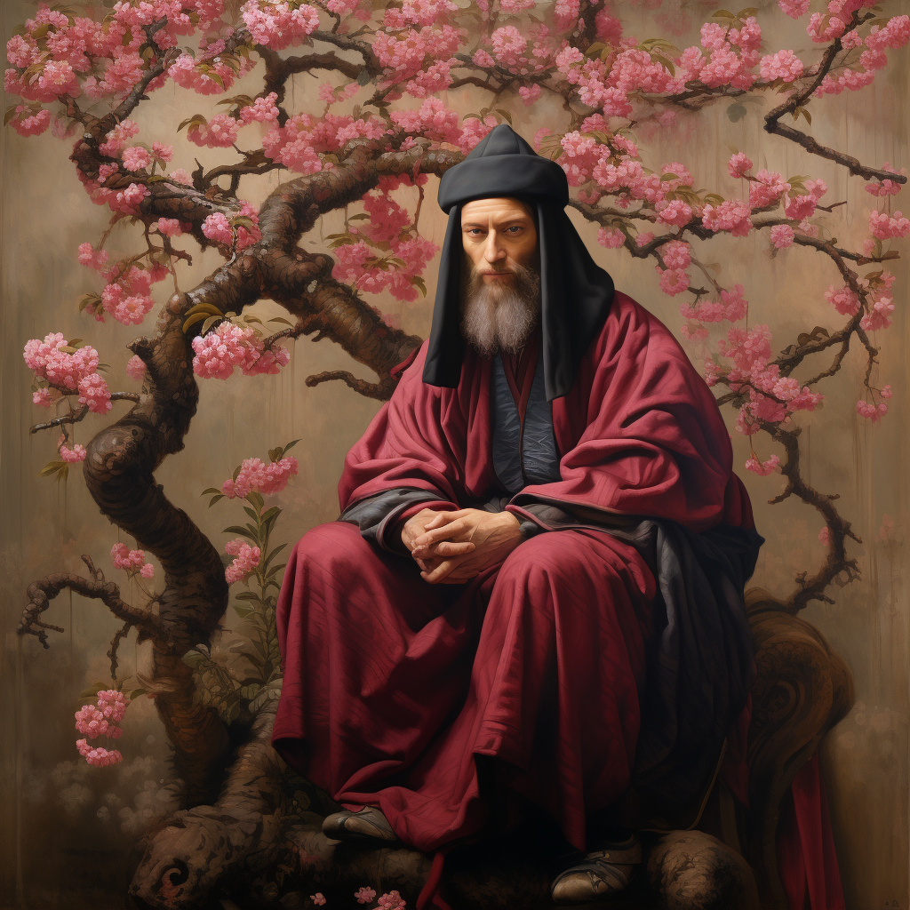 Leonardo da Vinci sitting under Japanese cherry tree