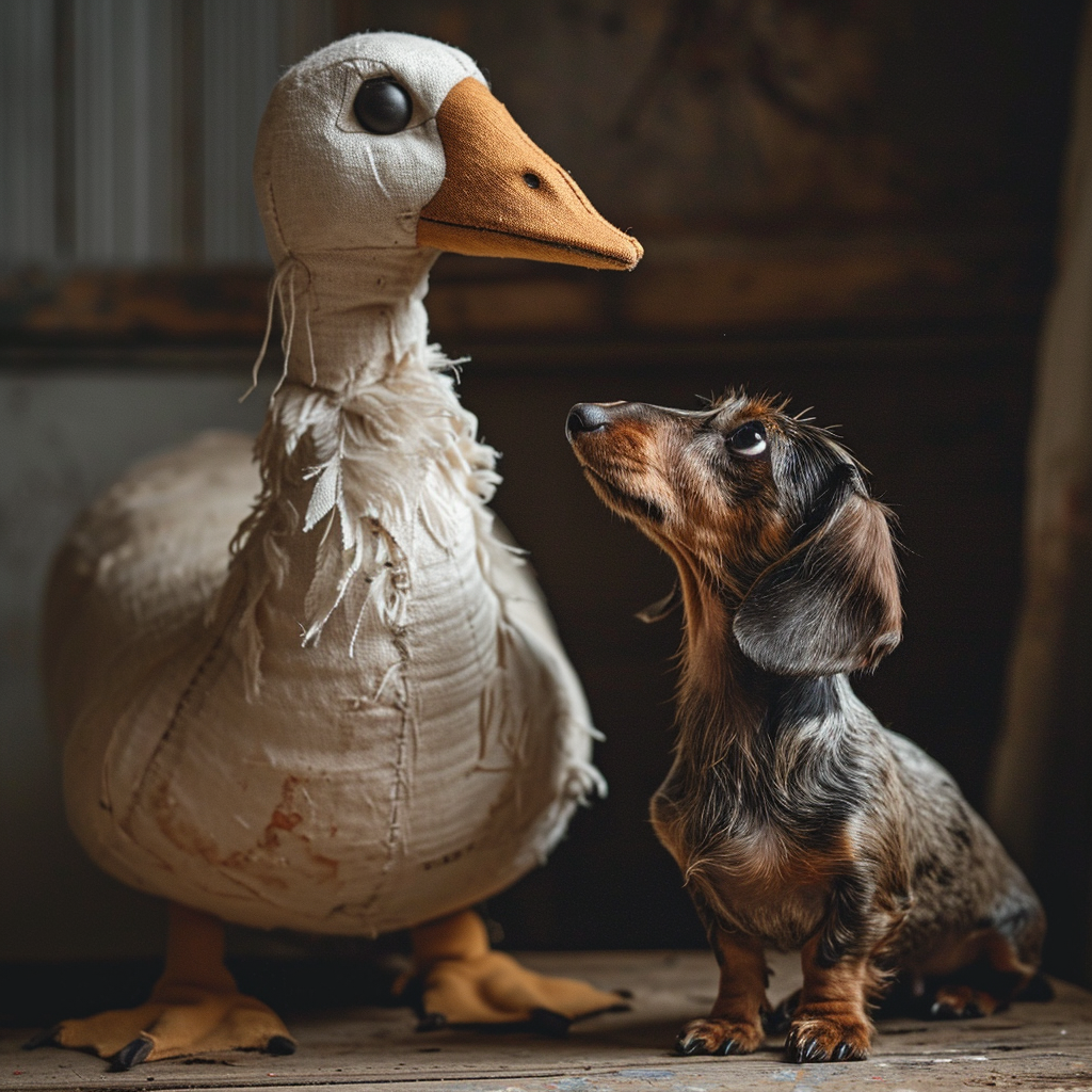 Small dachshund dog attacking tall stuffed goose