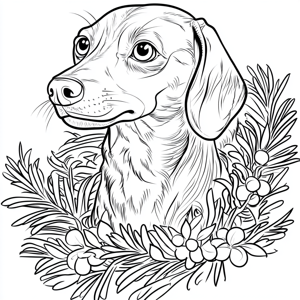 dachshund dog under mistletoe in coloring book style