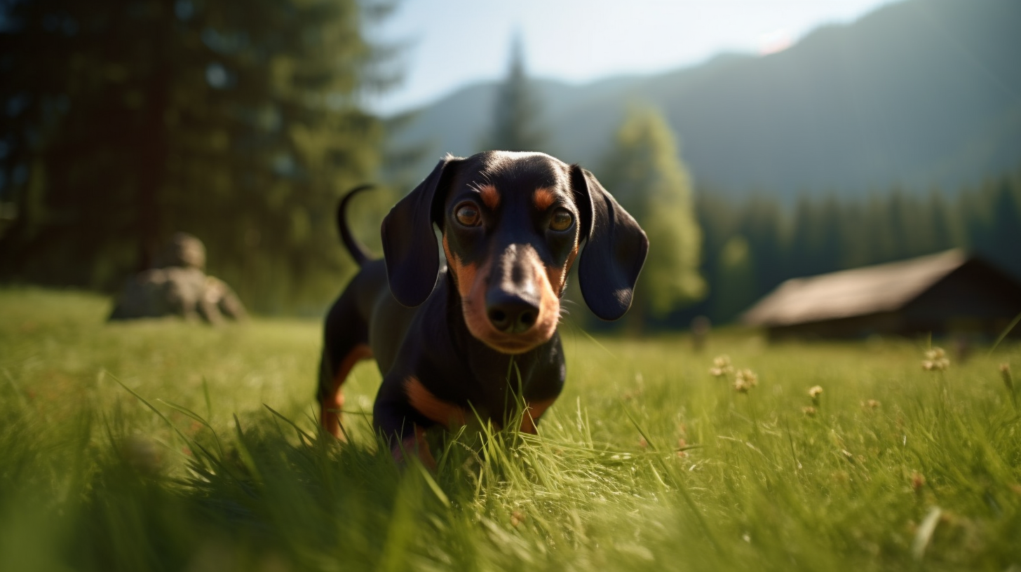 Dachshund running in German Alps