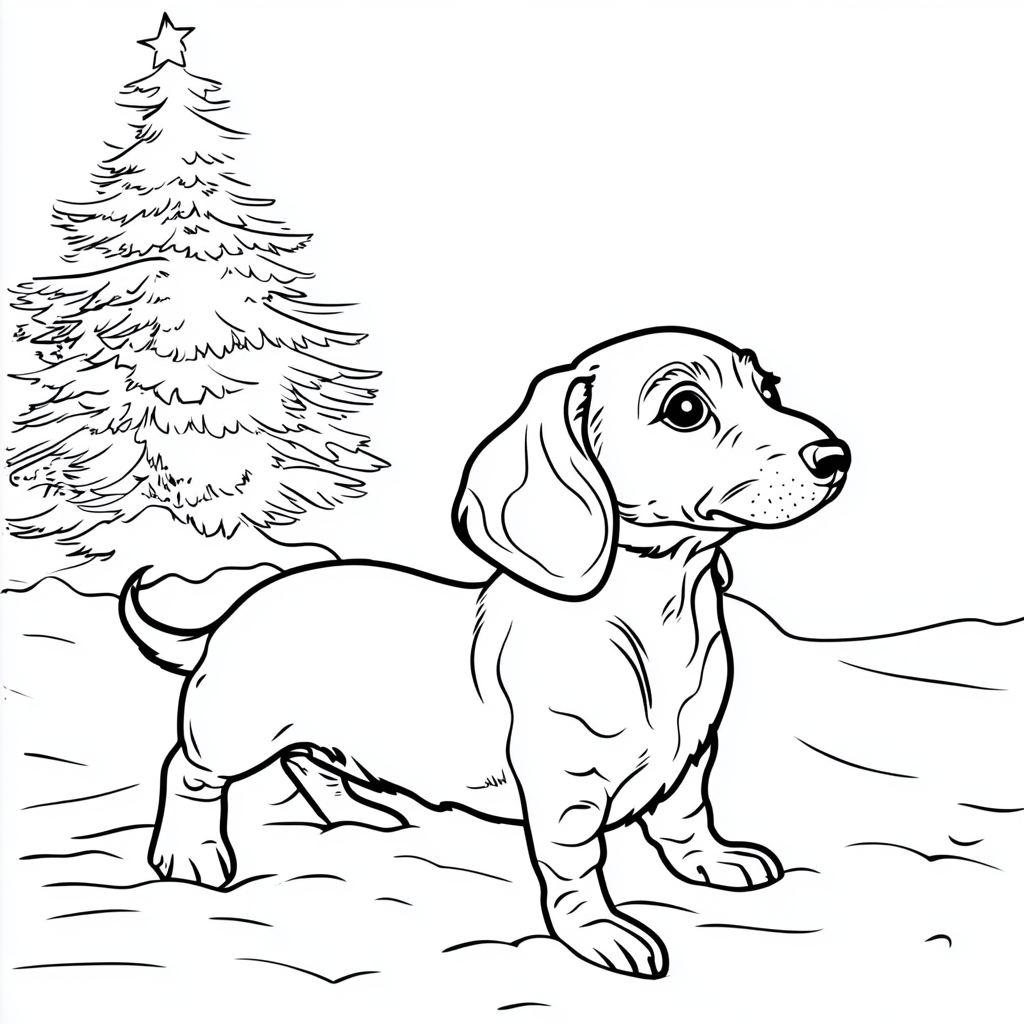 dachshund playing in snow, white christmas tree, black and white