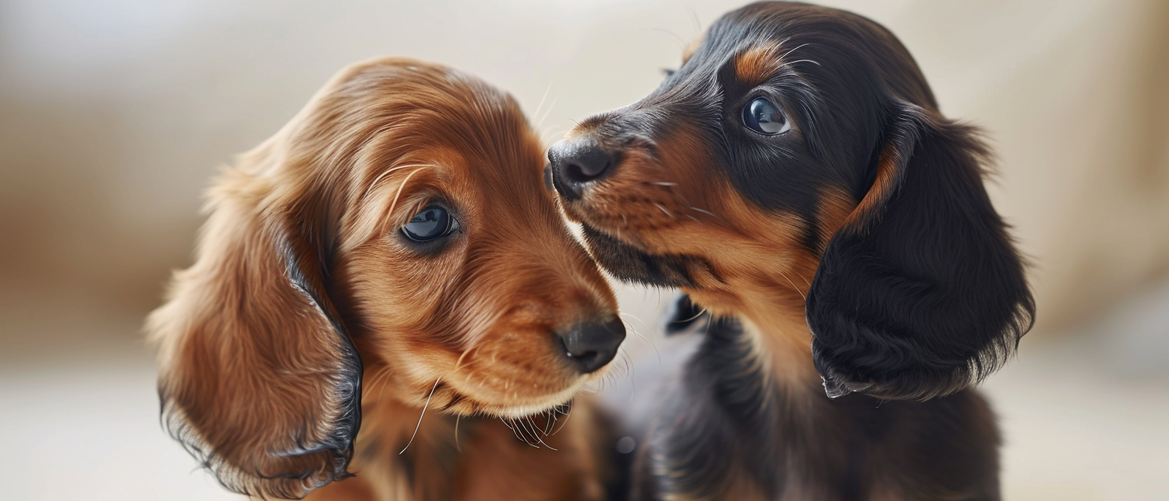 Two Dachshund Puppies gazing at each other