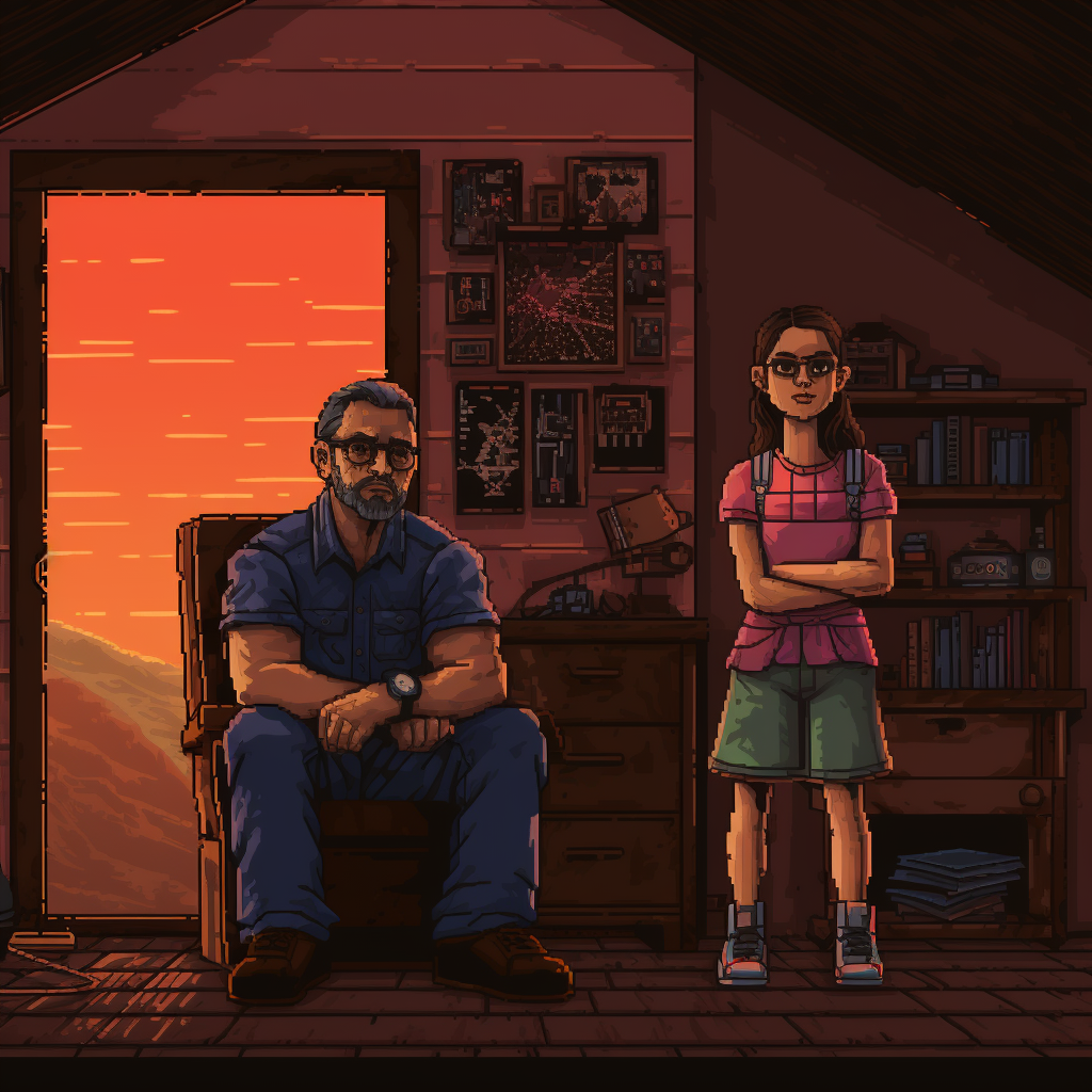 Retro horror game style family photo with dad and daughter