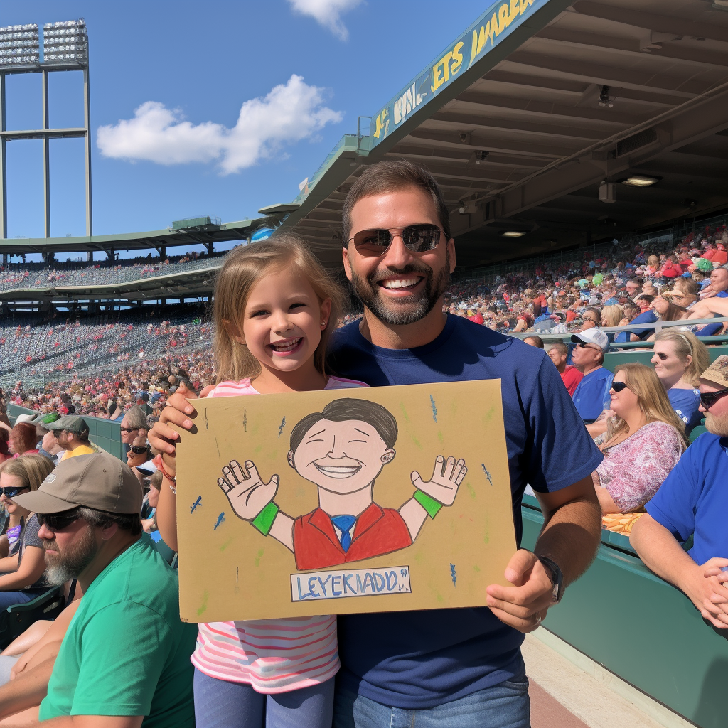 Excited family with cartoon sign