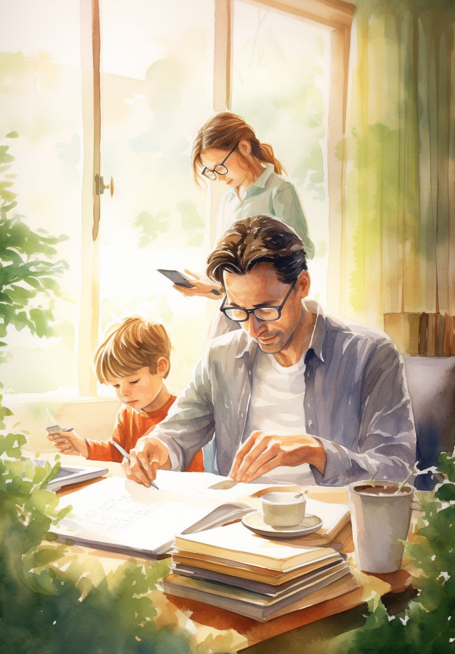 Father working with laptop and children's book