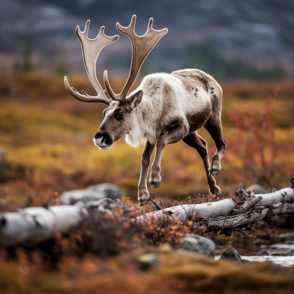 Caribou gracefully steps over rod