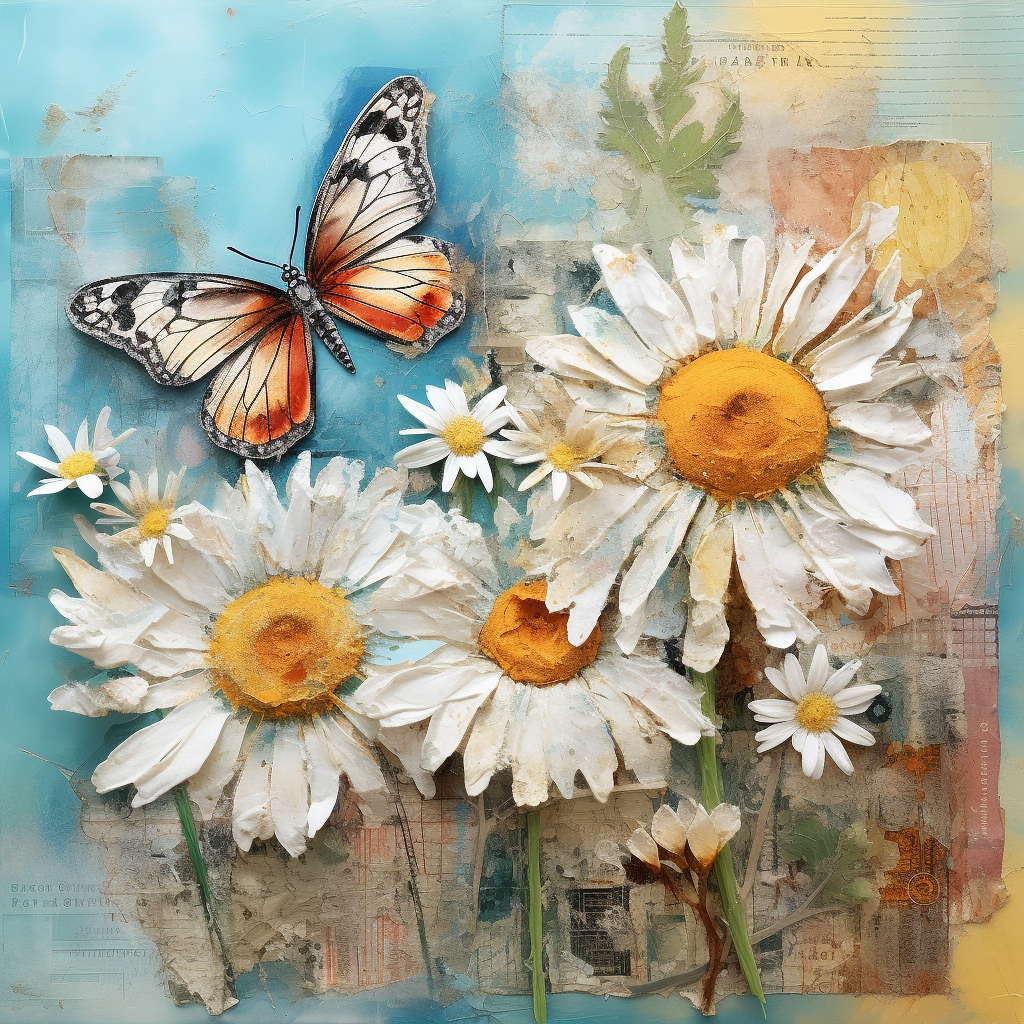 Collage of daisies, butterflies, and objects