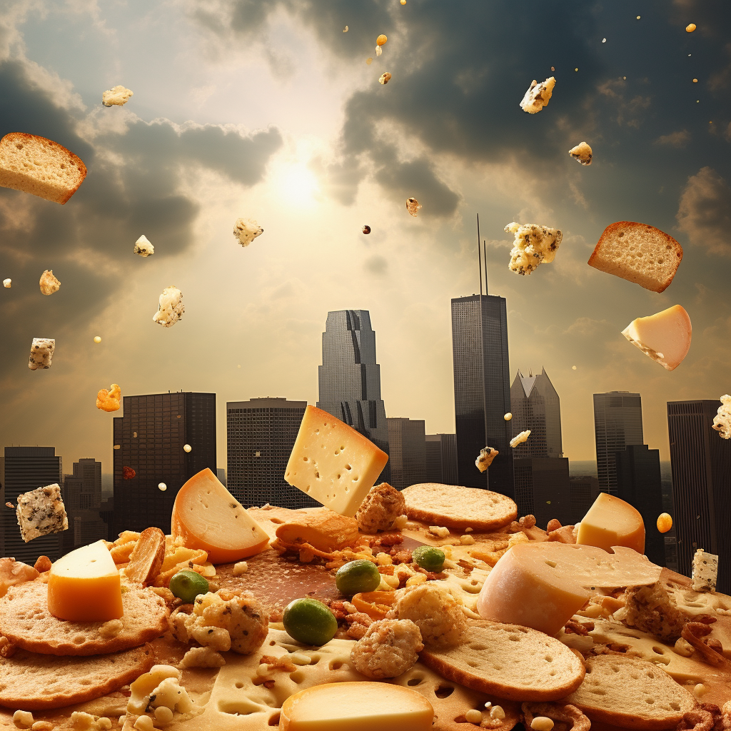 Baguettes & Cheese raining over Dallas Texas skyline