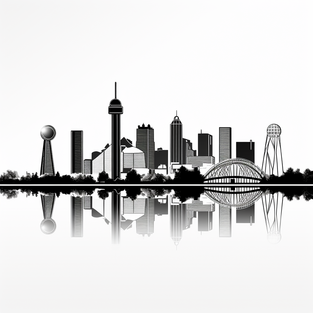 Black outline vector of Dallas skyline on white backdrop