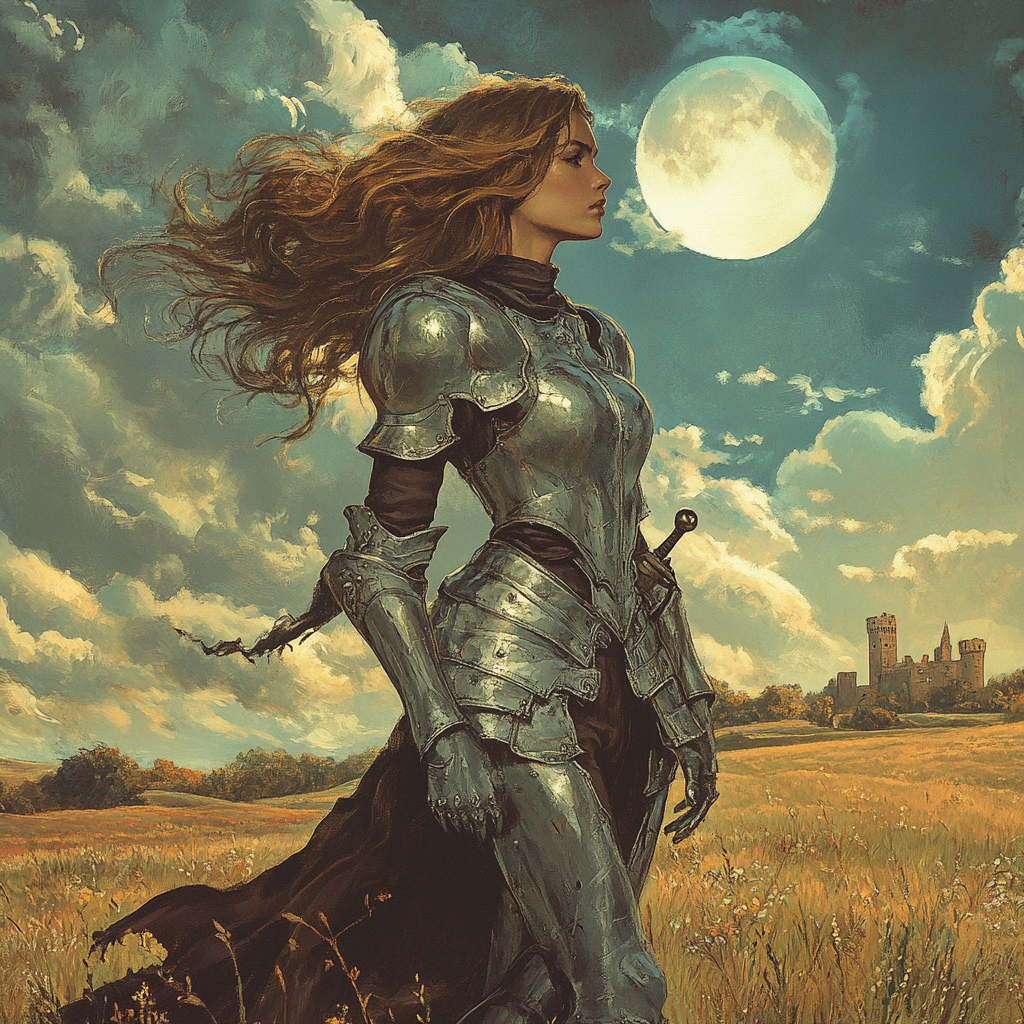 damaged knight walking in field towards castle under moon.