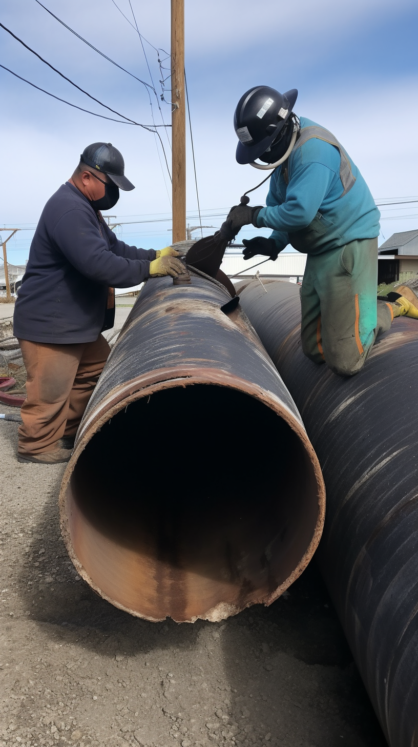 Two workers inspecting a damaged pipe