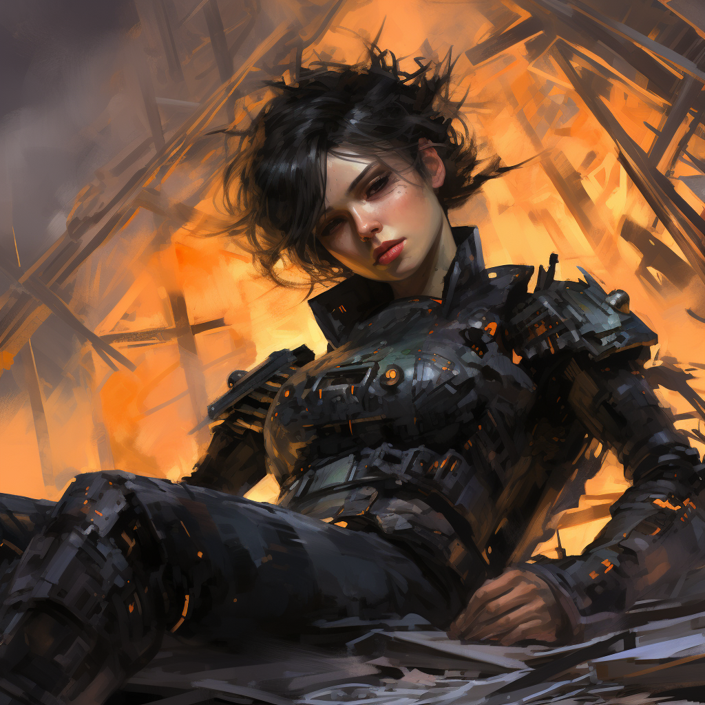 Damaged robot girl lying on burning scrap