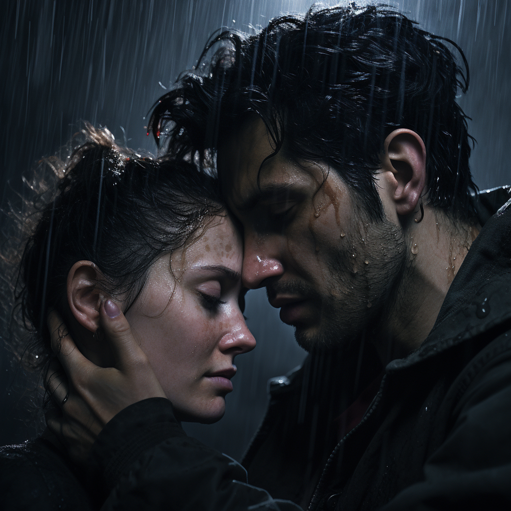 American woman couple in dark, wet horror scene