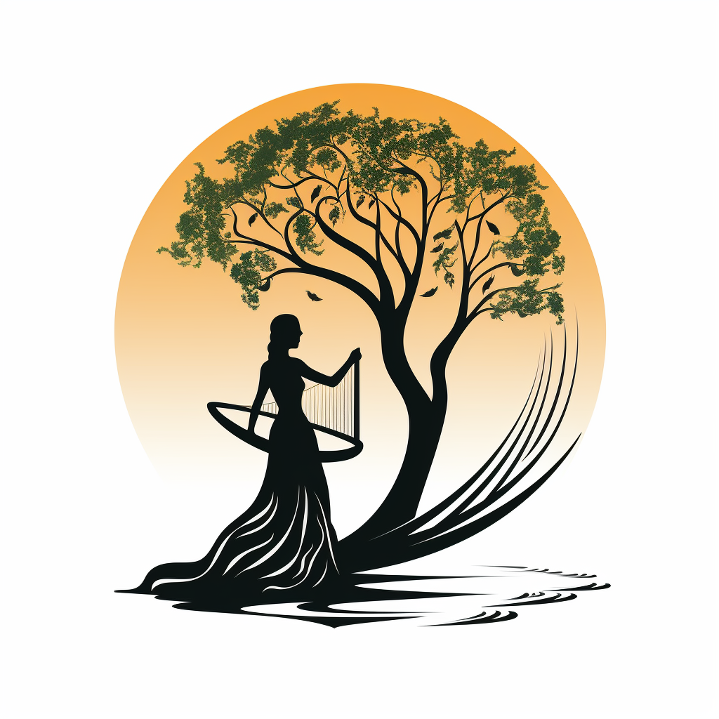 Graceful girl dancing in a tree with a harp