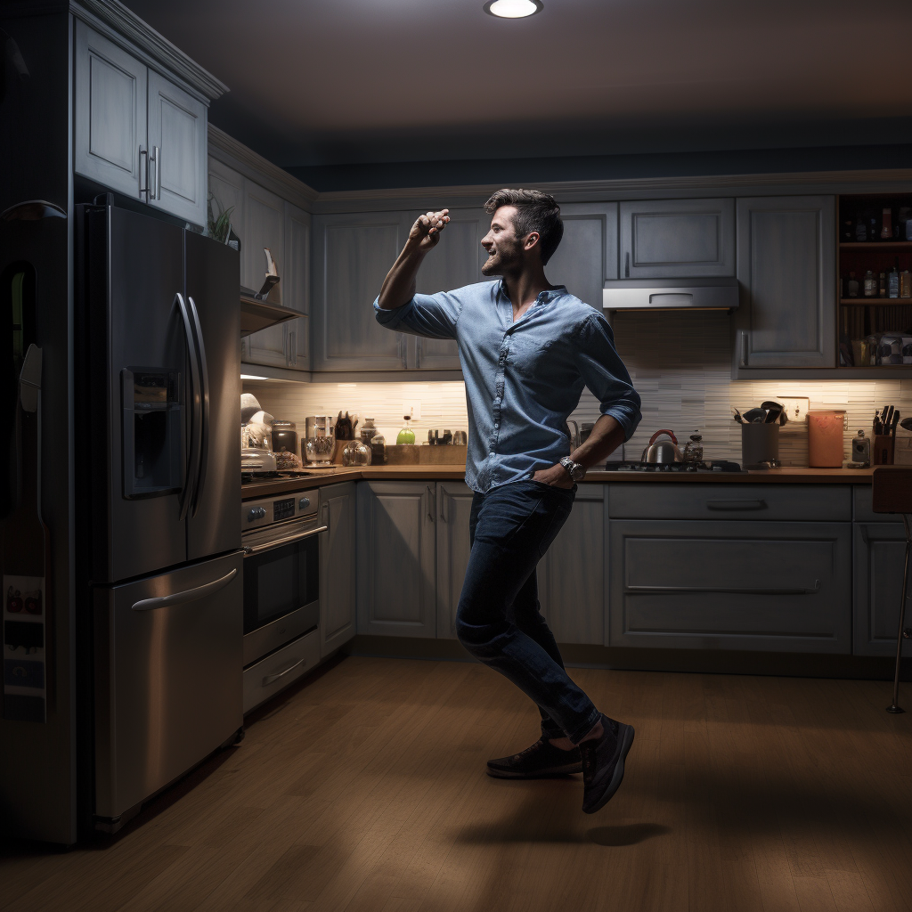 Man dancing in modern kitchen with cell phone