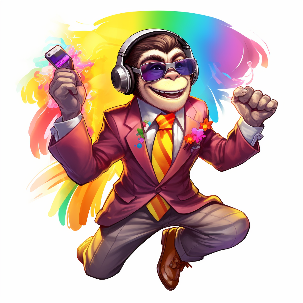 Cartoon monkey with rainbow dancing and smiling