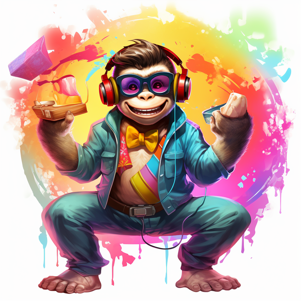 Smiling dancing cartoon monkey with shades and headset