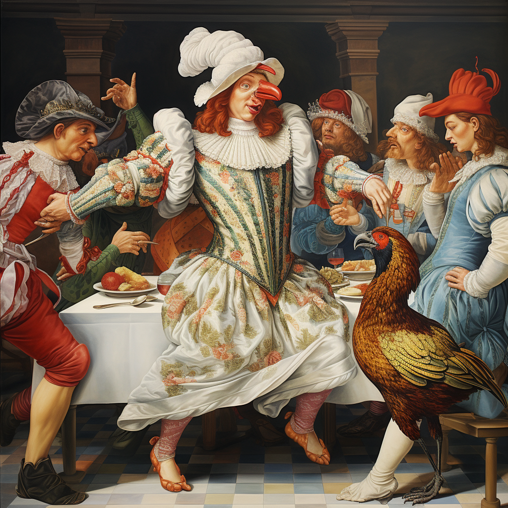 Fancily dressed chicken dancing on dinner table