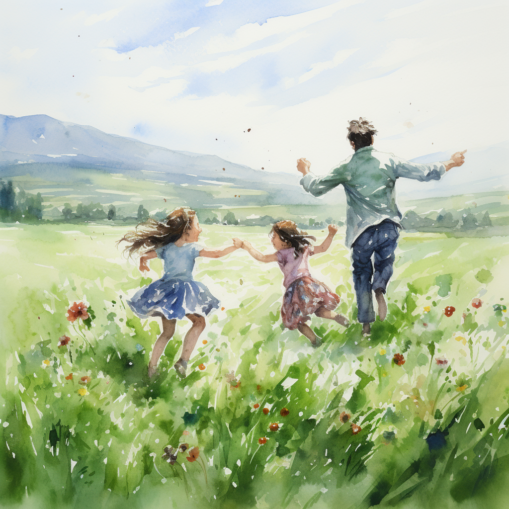 Children Dancing in Field Watercolor Painting