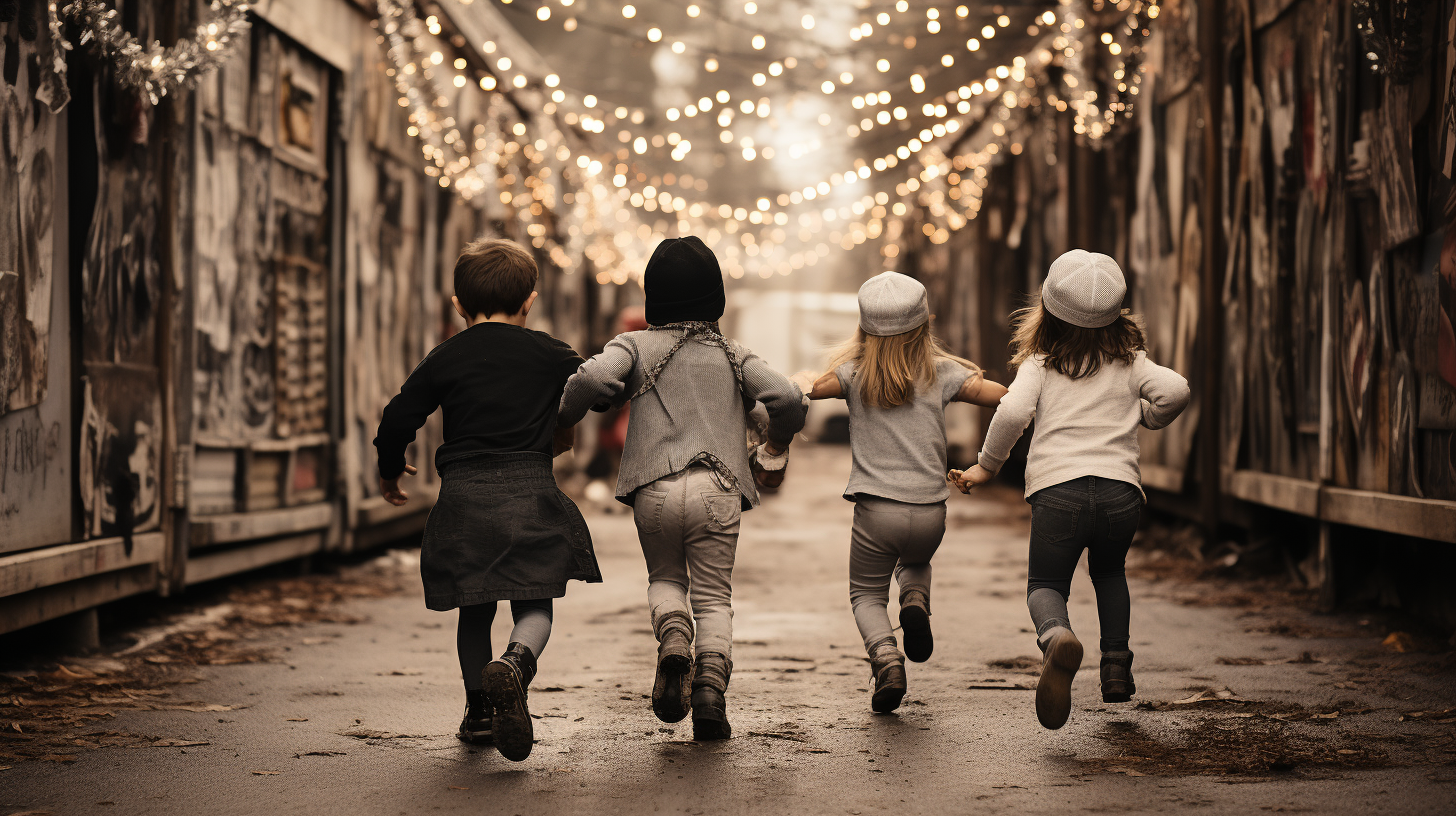 Quirky children dancing in festive village