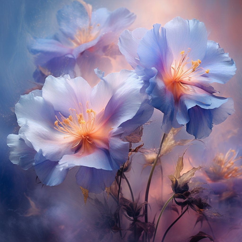 Colorful dancing flowers in blue violet fog