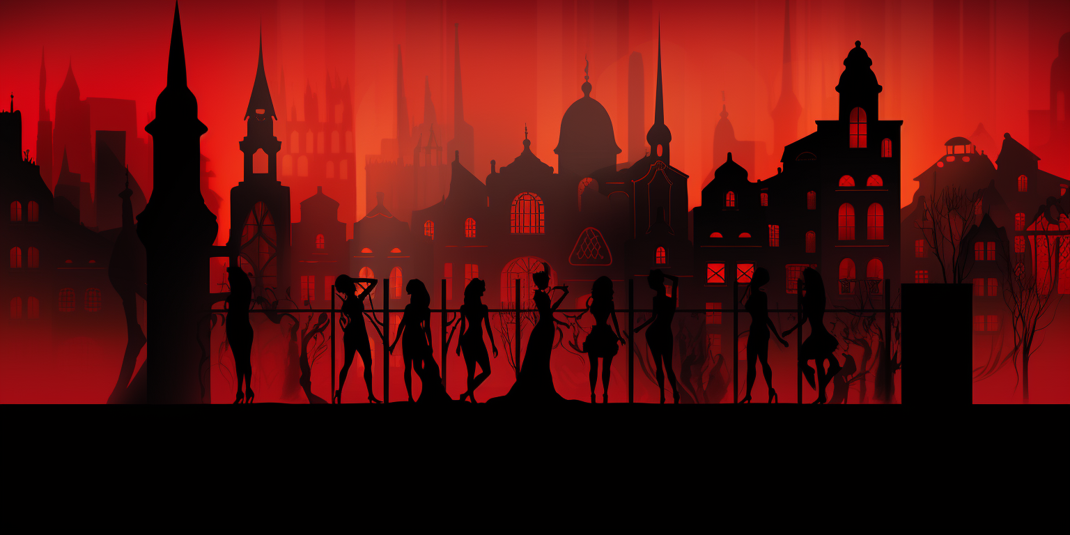 Silhouette of dancing girls in red light district