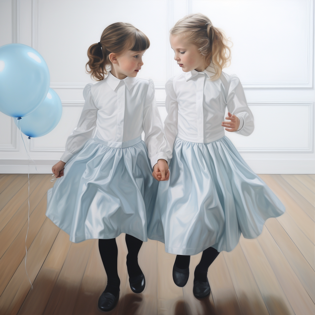 Two girls dancing with flowers on white background