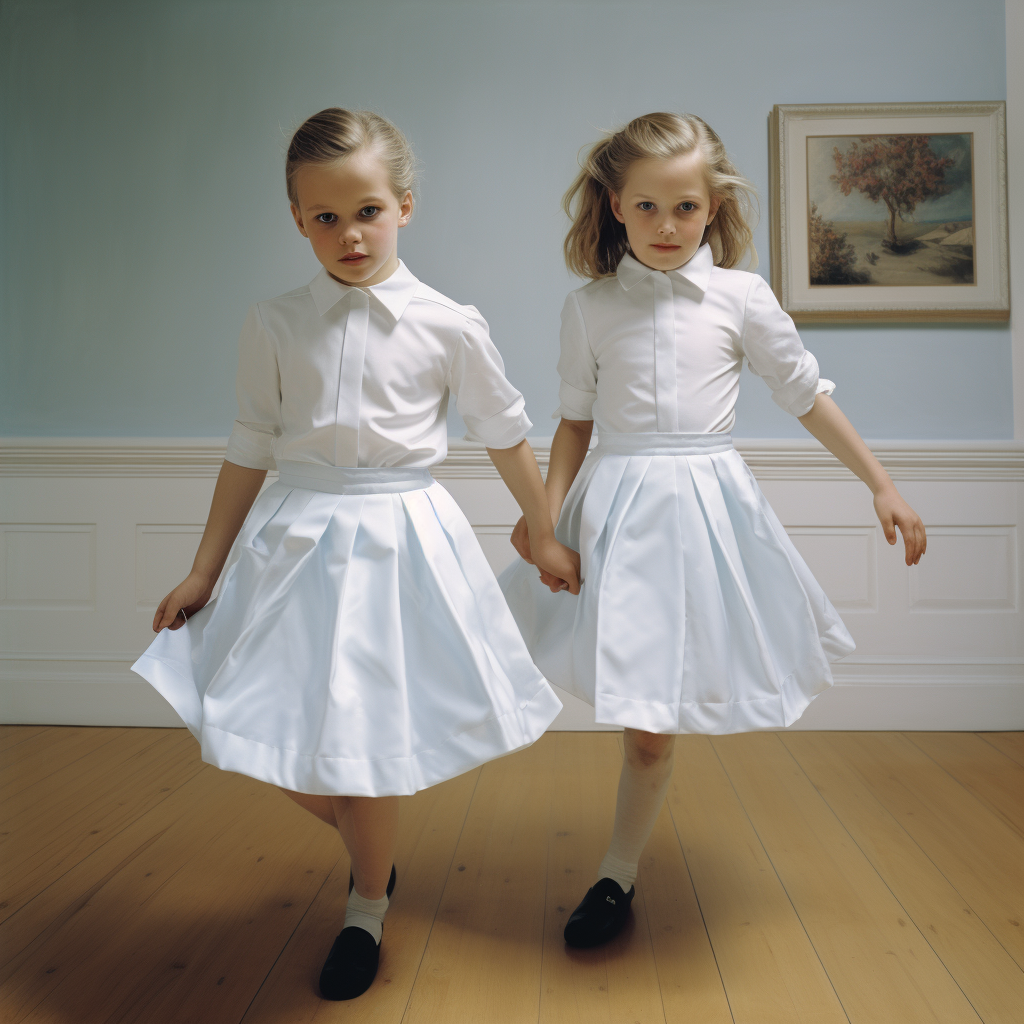 Two girls dancing together on a white background