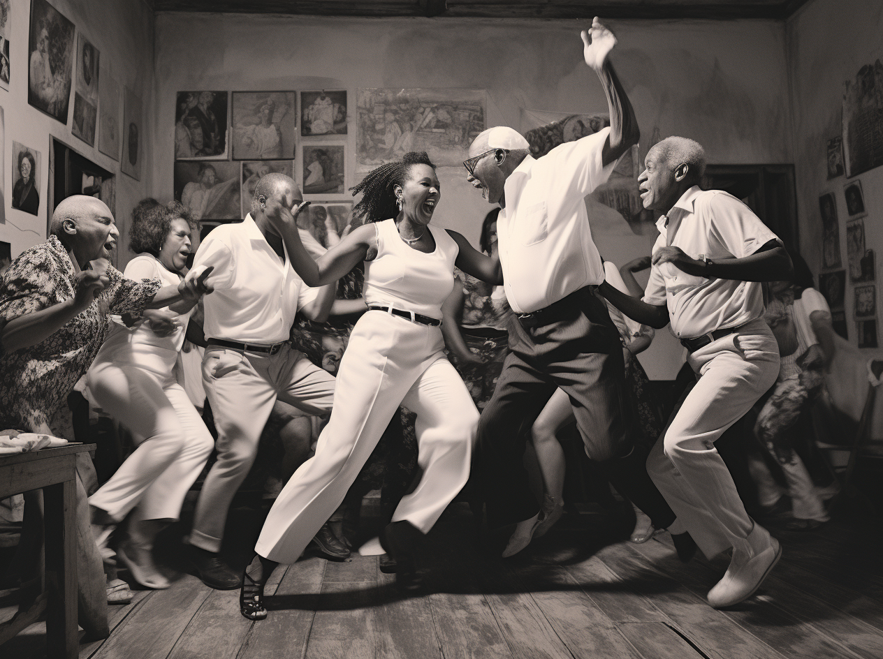 Group of people dancing in white and red