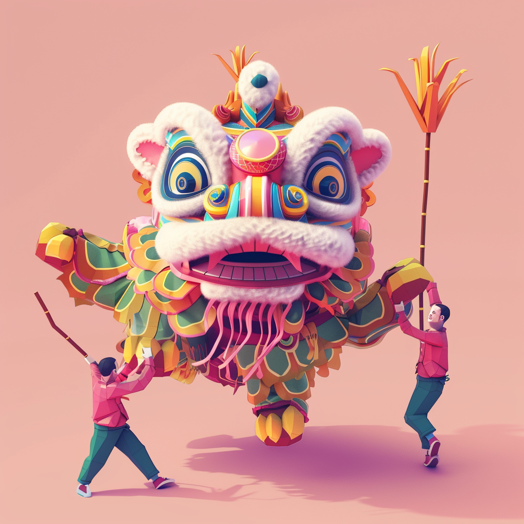 Lion dancers with bamboo poles