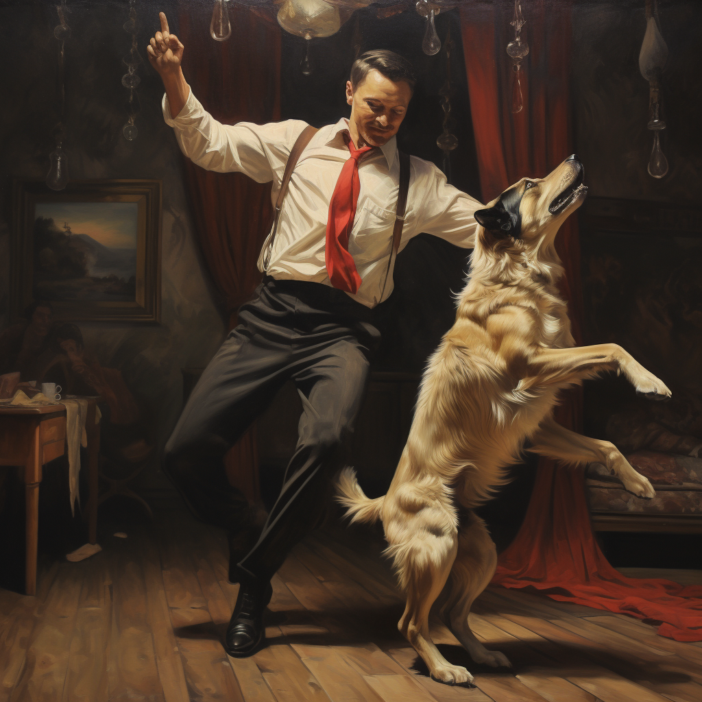 man dancing with dog happily