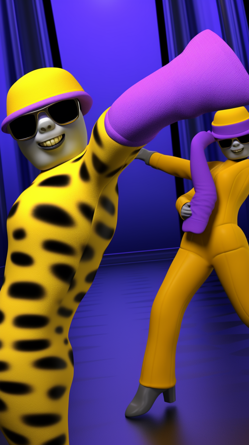 Minions dancing in club with purple hat and cheetah print