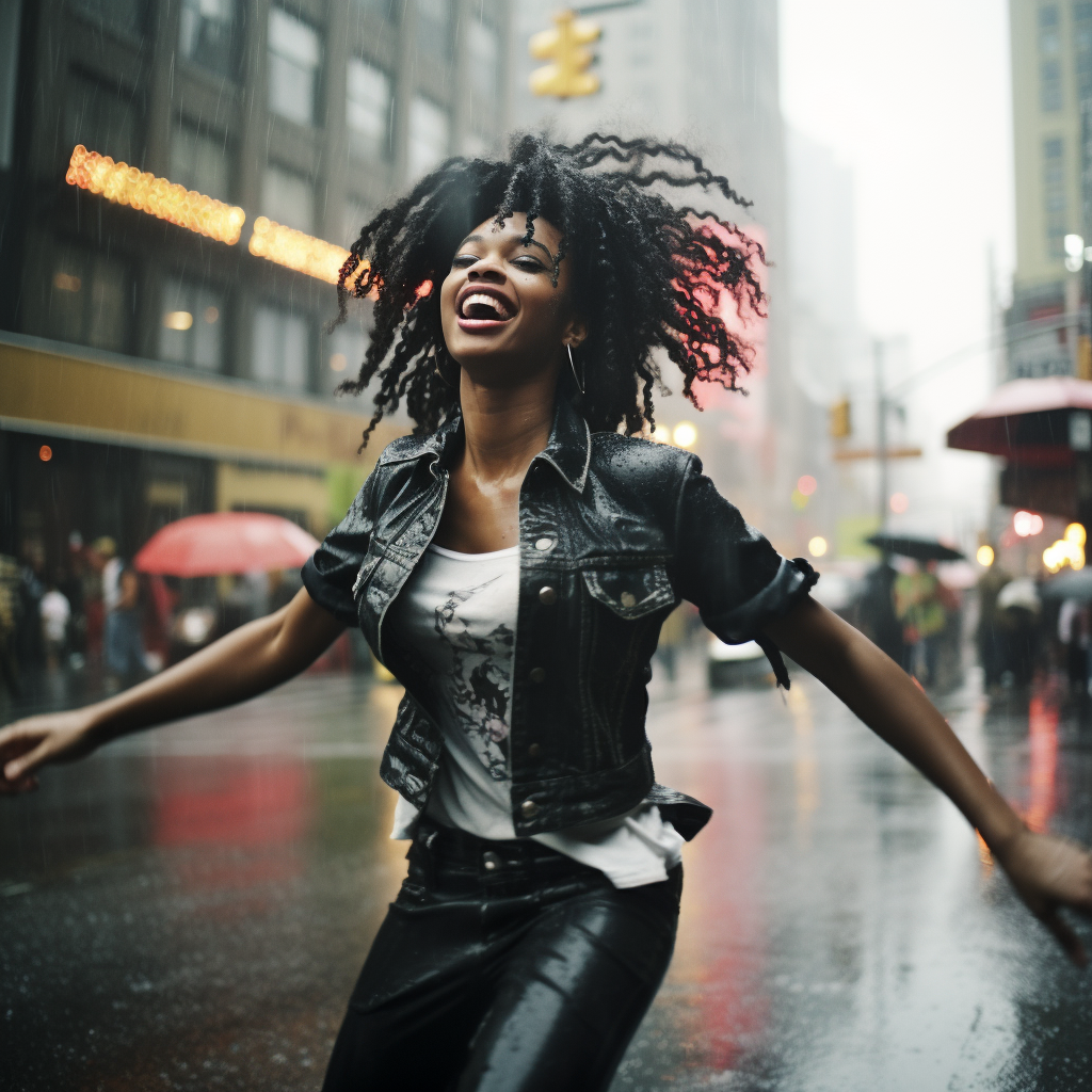 Young black woman dancing in the rain