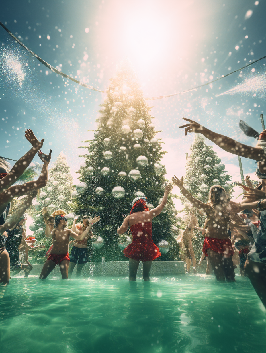 Group of people dancing at a Christmas pool party