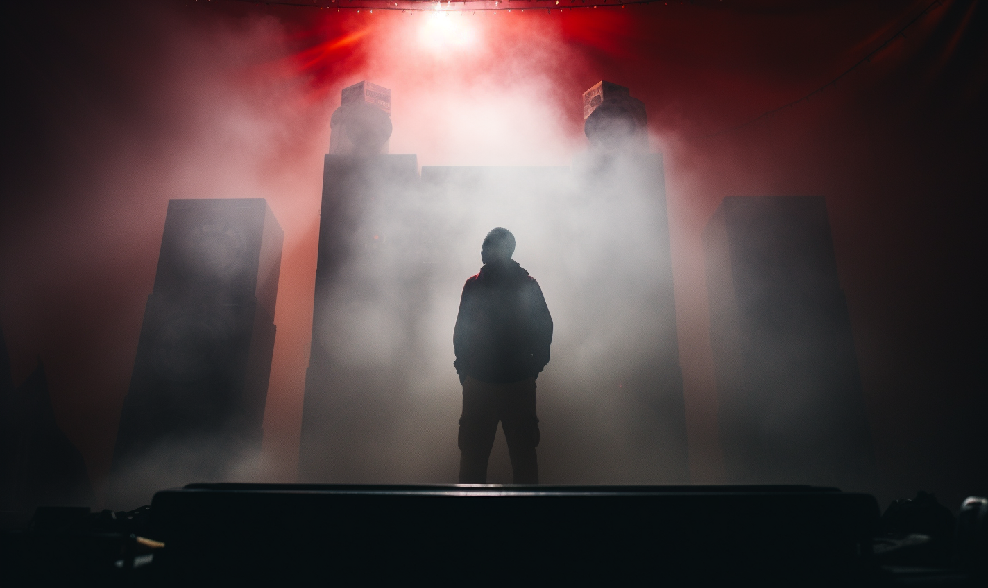 Shadow of a person dancing in front of huge speaker