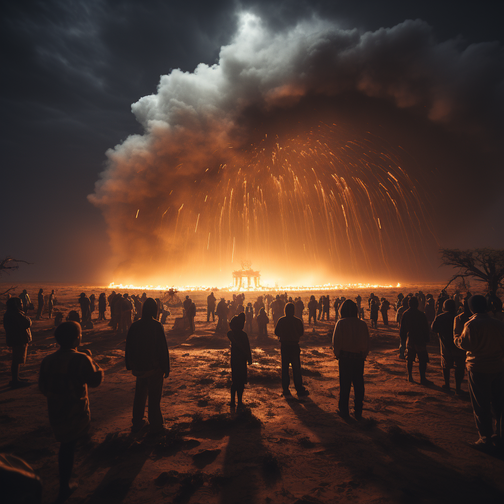 Shamanic night dance in front of massive tornado