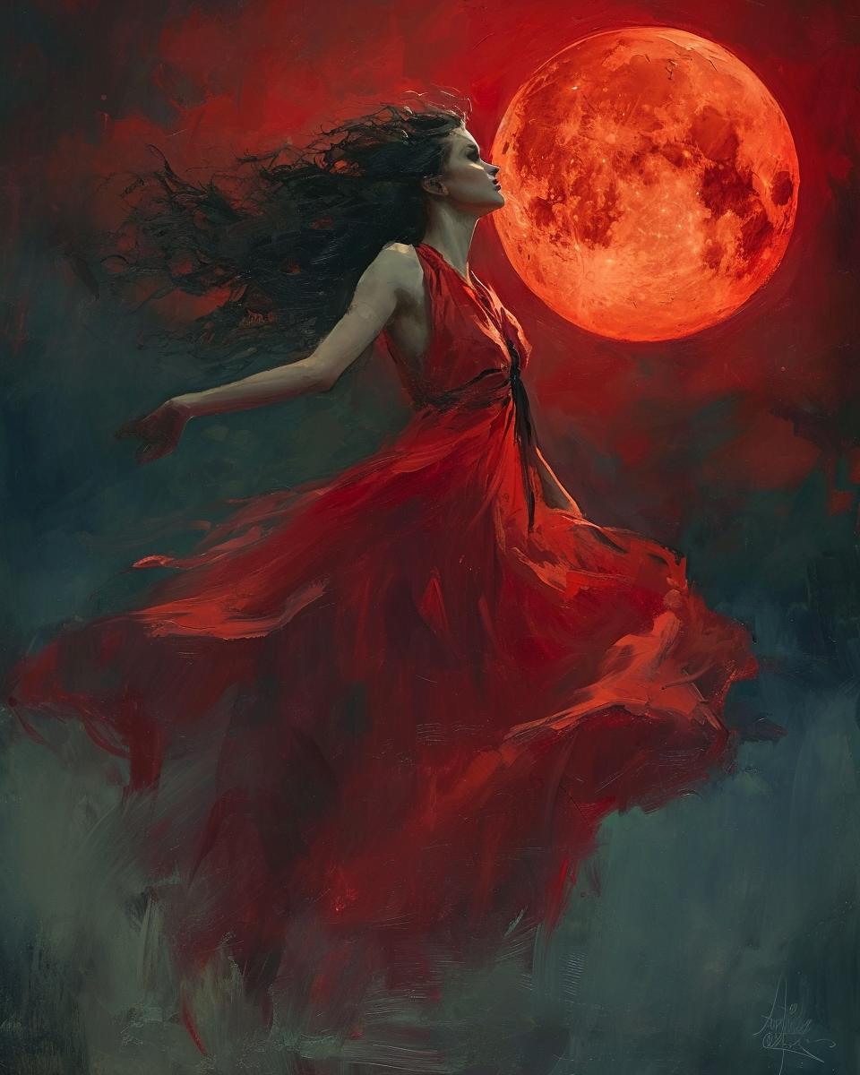 Beautiful sorceress dancing under the red moon