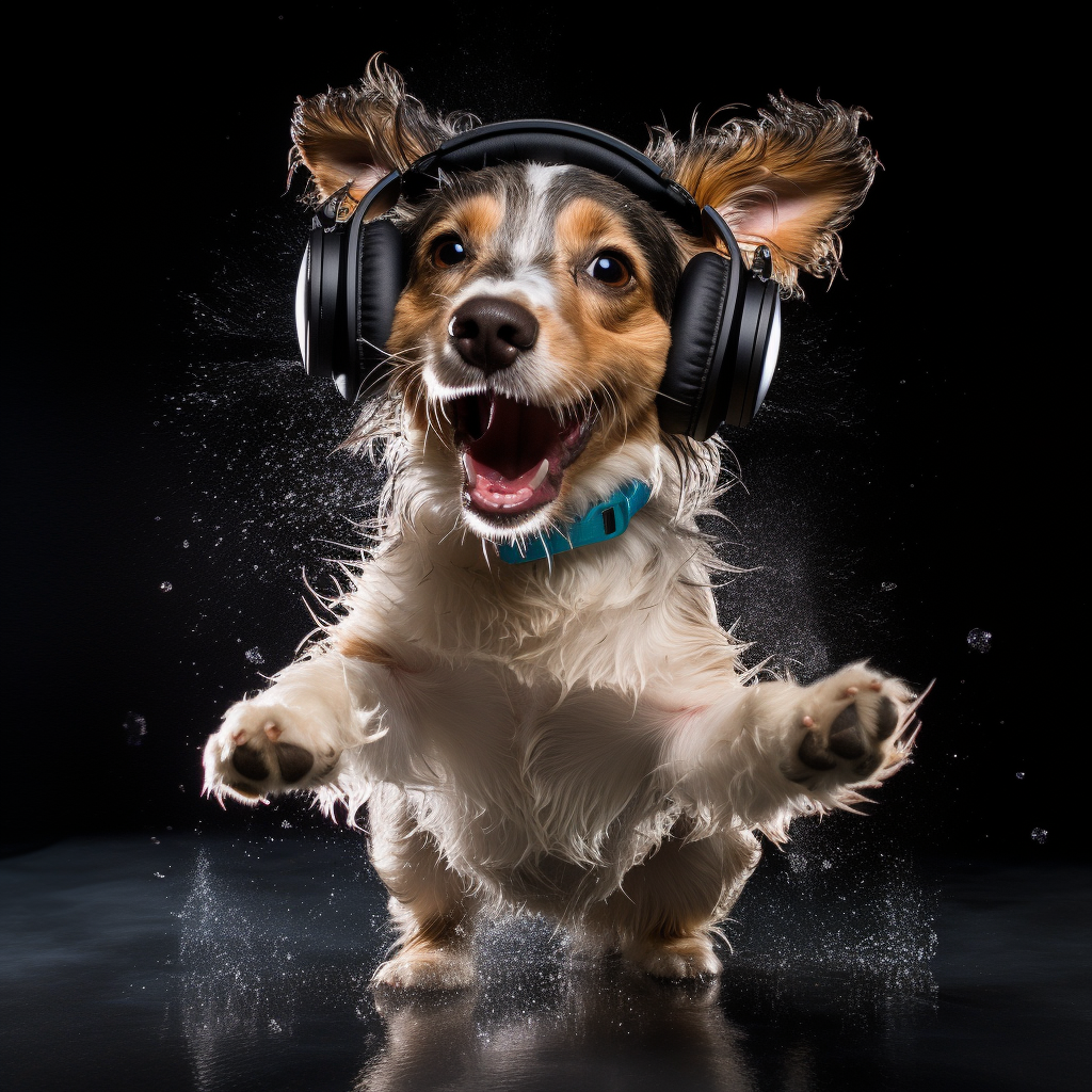 Adorable dog enjoying music with headphones